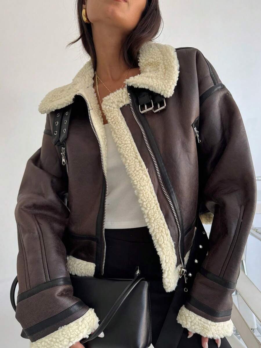 HH Fashion Elegant Women Thickening Warm Zip Coat Female Faux Leather Lambswool Patchwork Casual Jacket