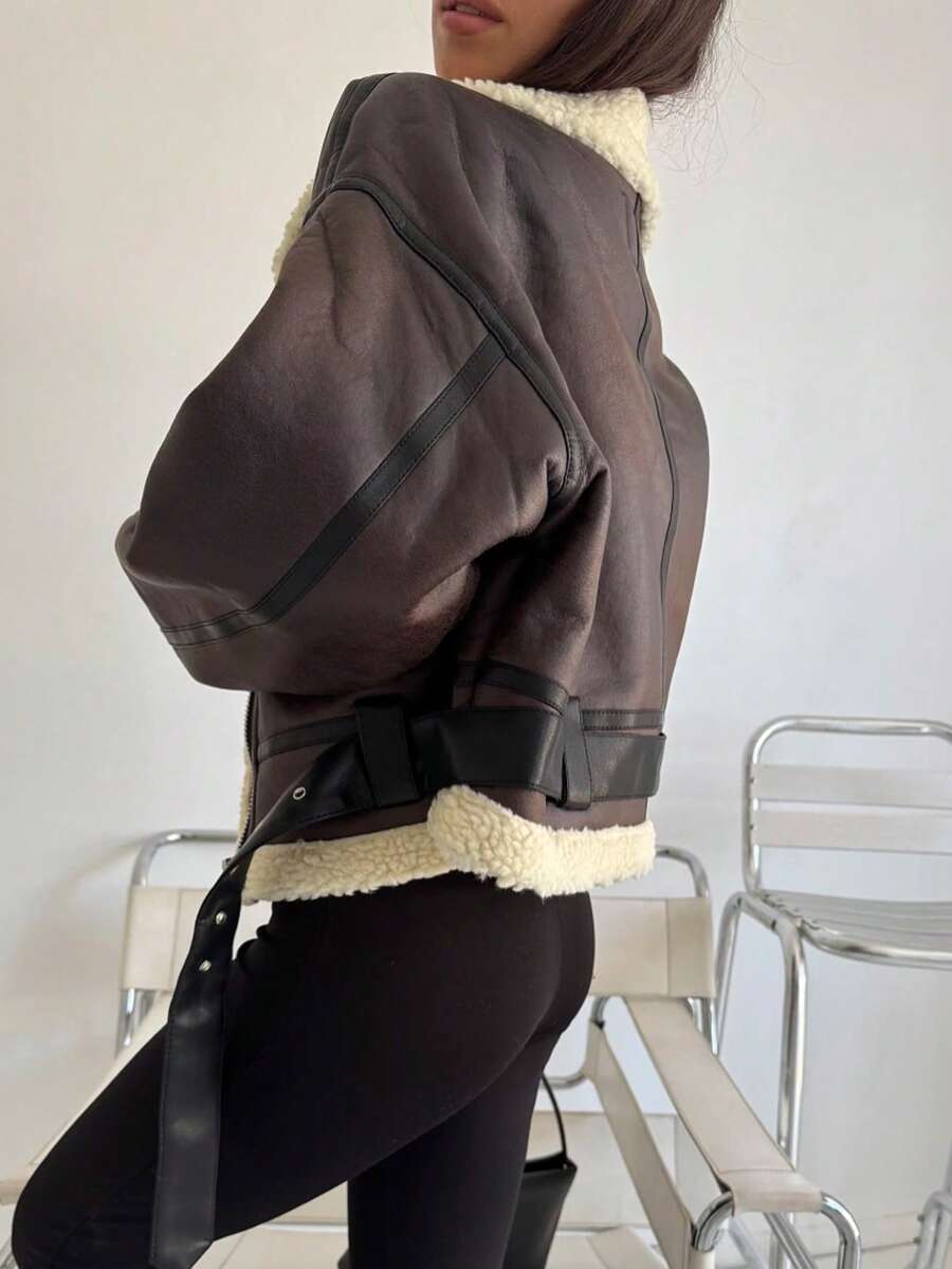 HH Fashion Elegant Women Thickening Warm Zip Coat Female Faux Leather Lambswool Patchwork Casual Jacket