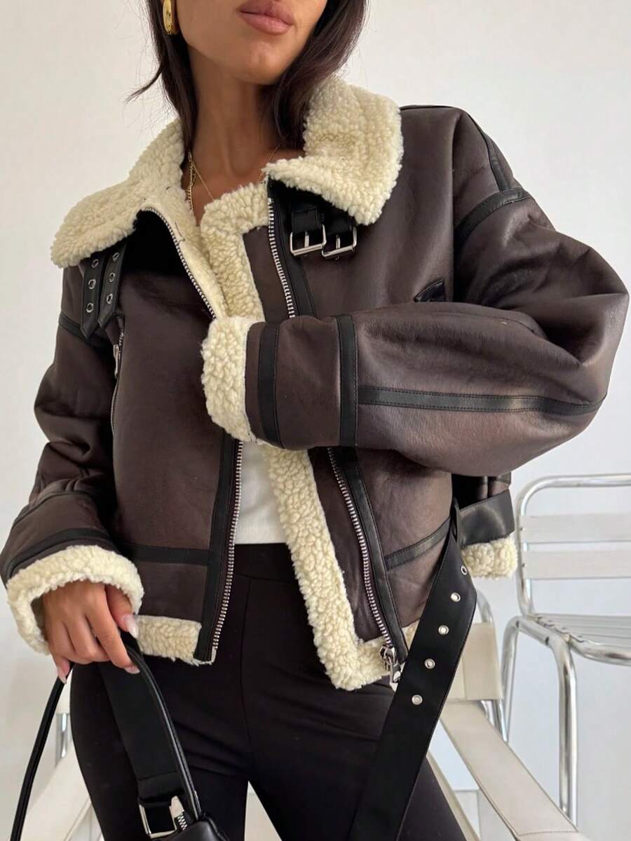 HH Fashion Elegant Women Thickening Warm Zip Coat Female Faux Leather Lambswool Patchwork Casual Jacket