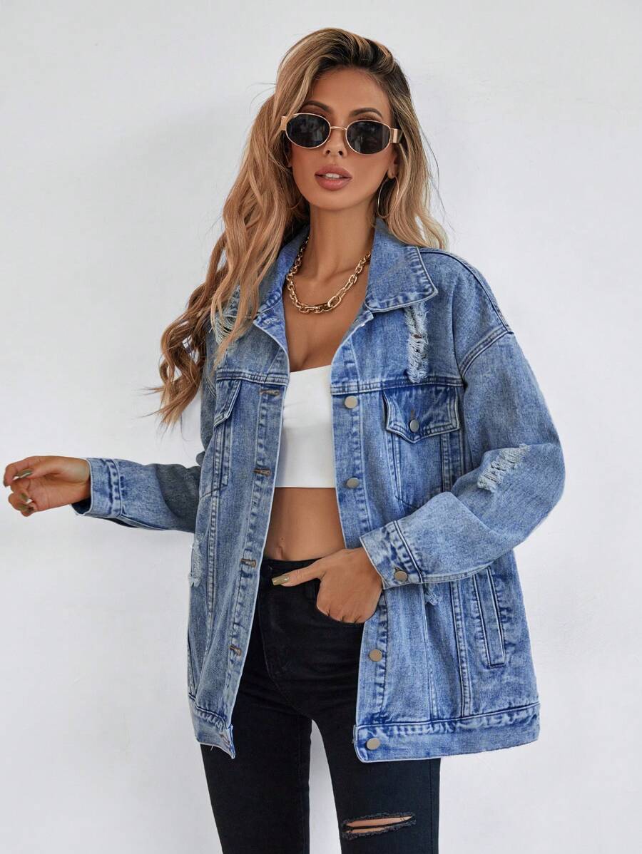 Selenza Button Blue Front Flap Pocket Drop Shoulder Denim Jacket