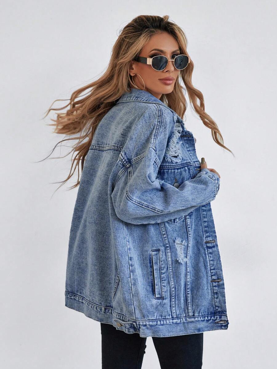 Selenza Button Blue Front Flap Pocket Drop Shoulder Denim Jacket