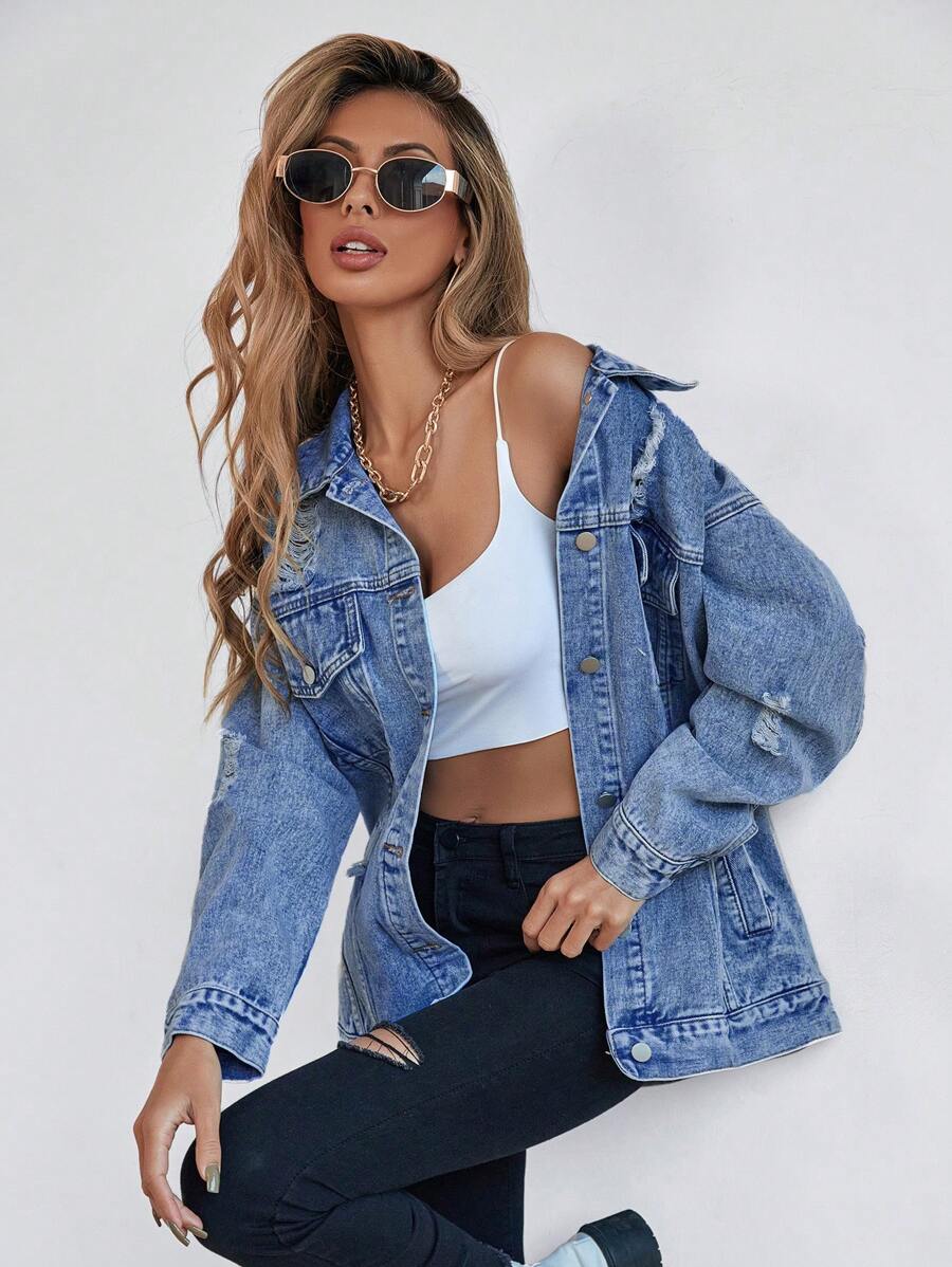 Selenza Button Blue Front Flap Pocket Drop Shoulder Denim Jacket