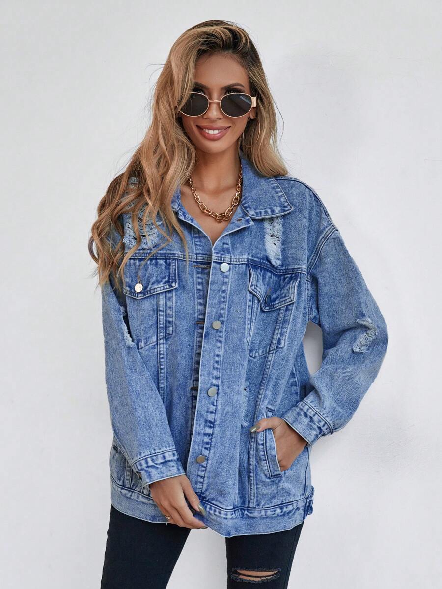 Selenza Button Blue Front Flap Pocket Drop Shoulder Denim Jacket