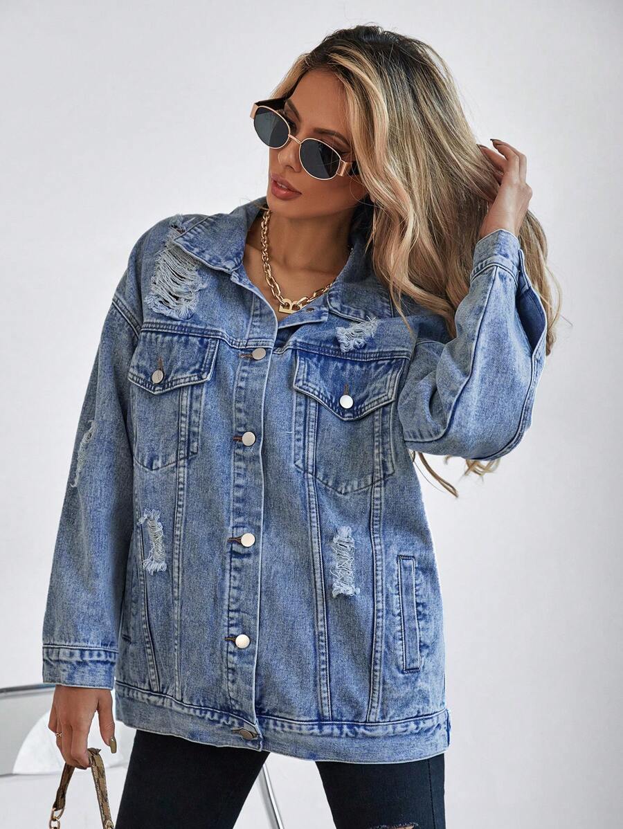 Selenza Button Blue Front Flap Pocket Drop Shoulder Denim Jacket