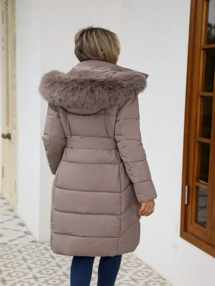 Risissida Women's Casual Hooded Jacket With Pockets, Lightweight Faux Fur Lined Quilted Trench Coat, Fall Daily Wear Winter Coat