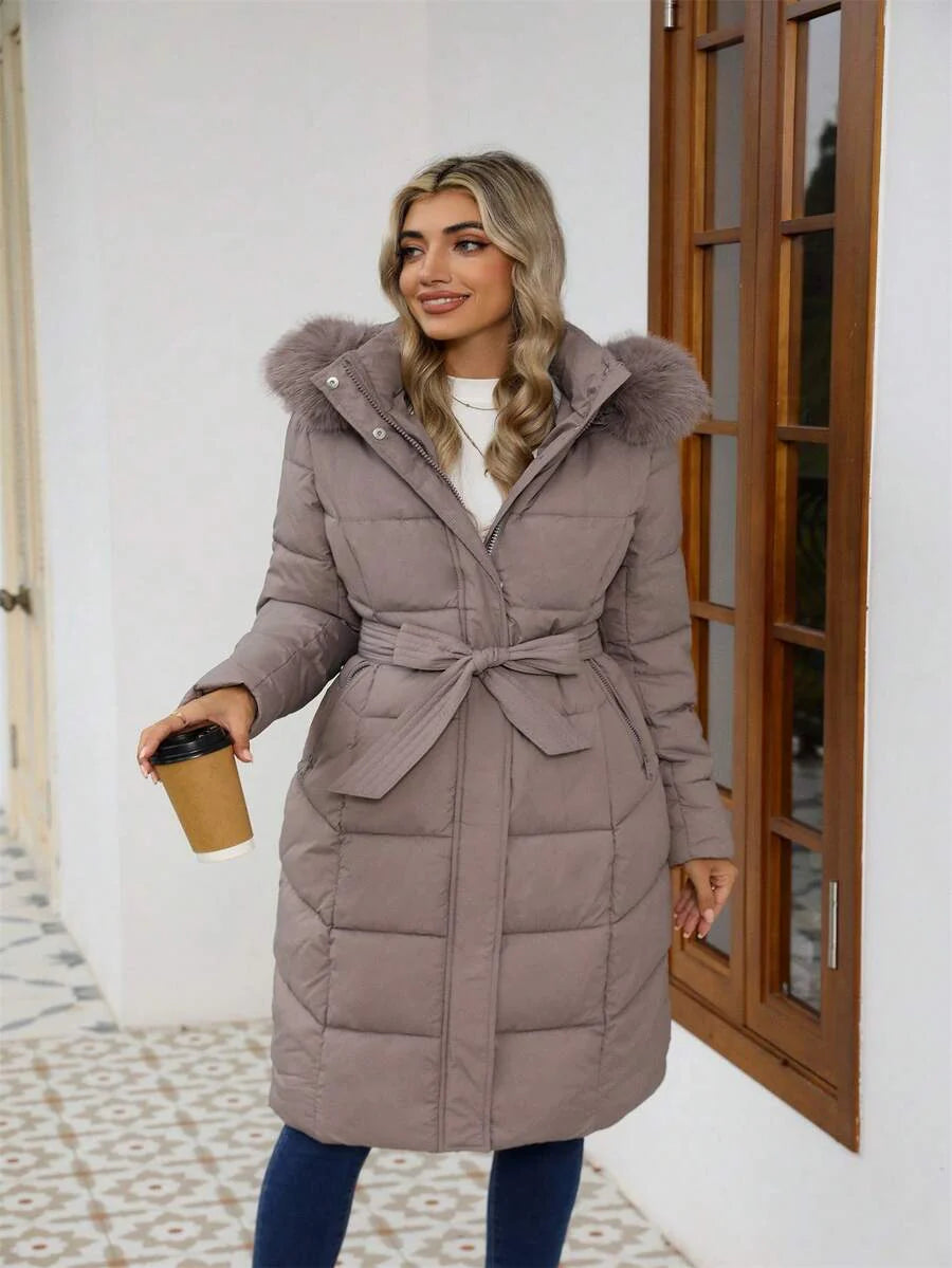 Risissida Women's Casual Hooded Jacket With Pockets, Lightweight Faux Fur Lined Quilted Trench Coat, Fall Daily Wear Winter Coat