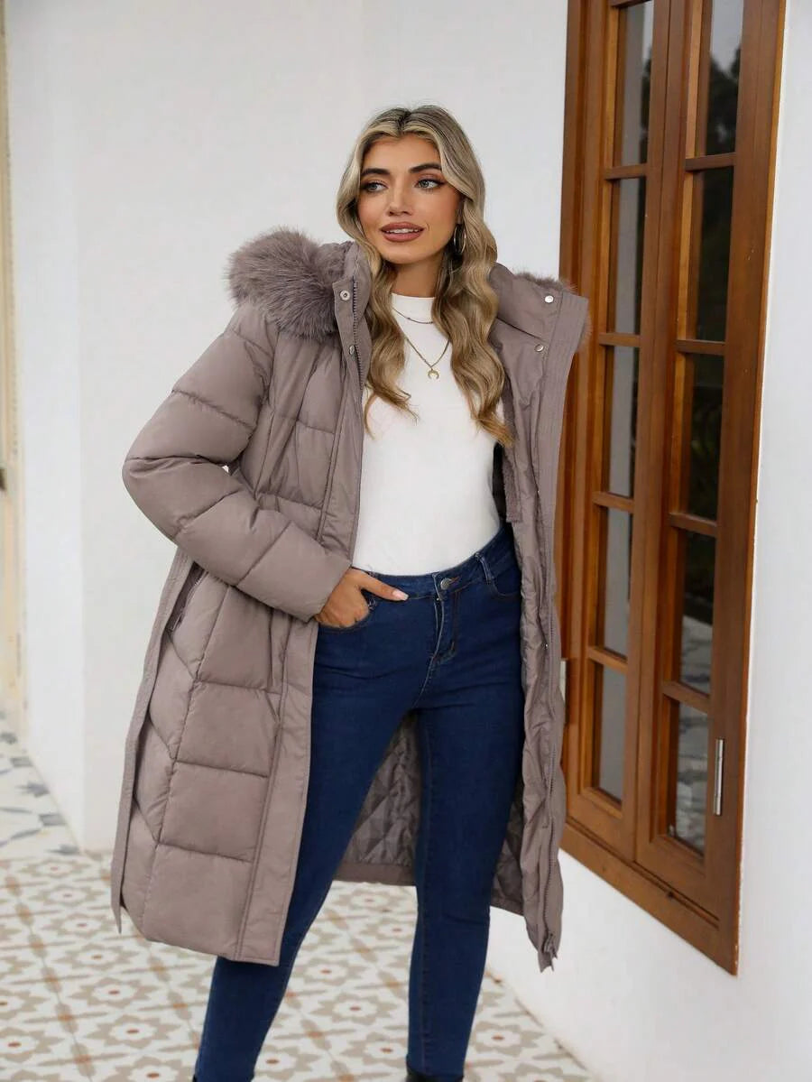 Risissida Women's Casual Hooded Jacket With Pockets, Lightweight Faux Fur Lined Quilted Trench Coat, Fall Daily Wear Winter Coat