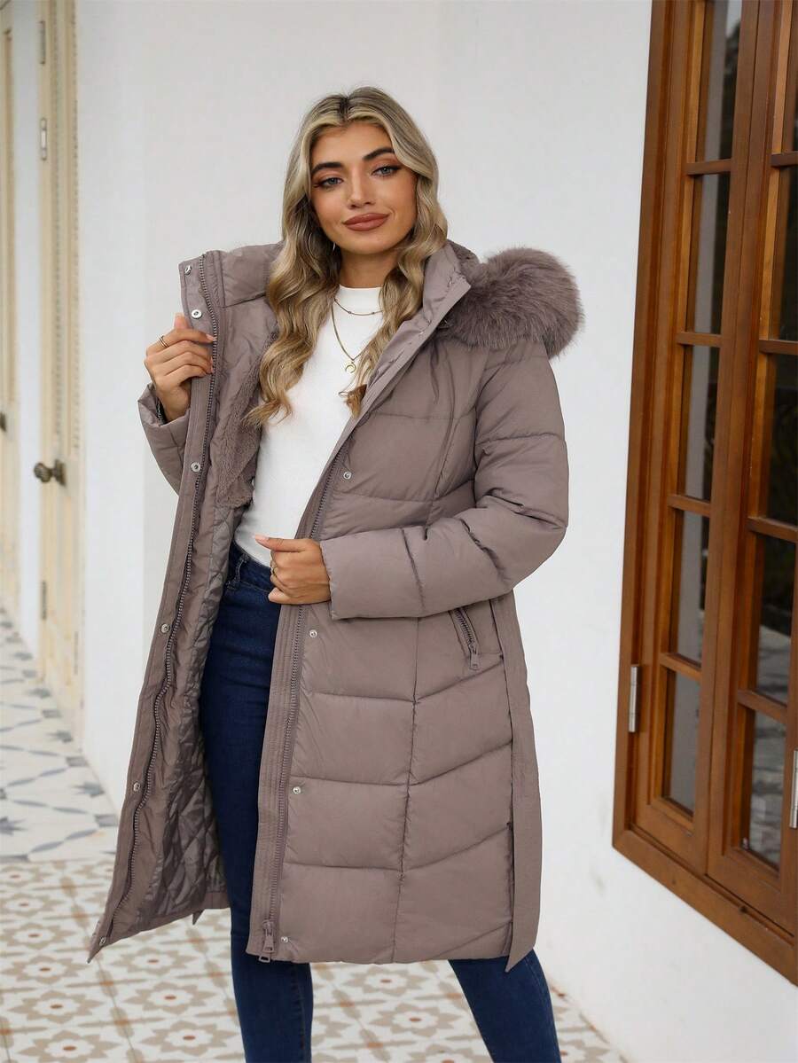 Risissida Women's Casual Hooded Jacket With Pockets, Lightweight Faux Fur Lined Quilted Trench Coat, Fall Daily Wear Winter Coat
