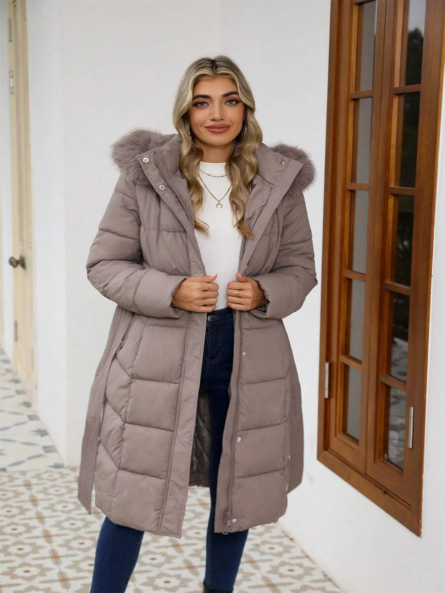 Risissida Women's Casual Hooded Jacket With Pockets, Lightweight Faux Fur Lined Quilted Trench Coat, Fall Daily Wear Winter Coat