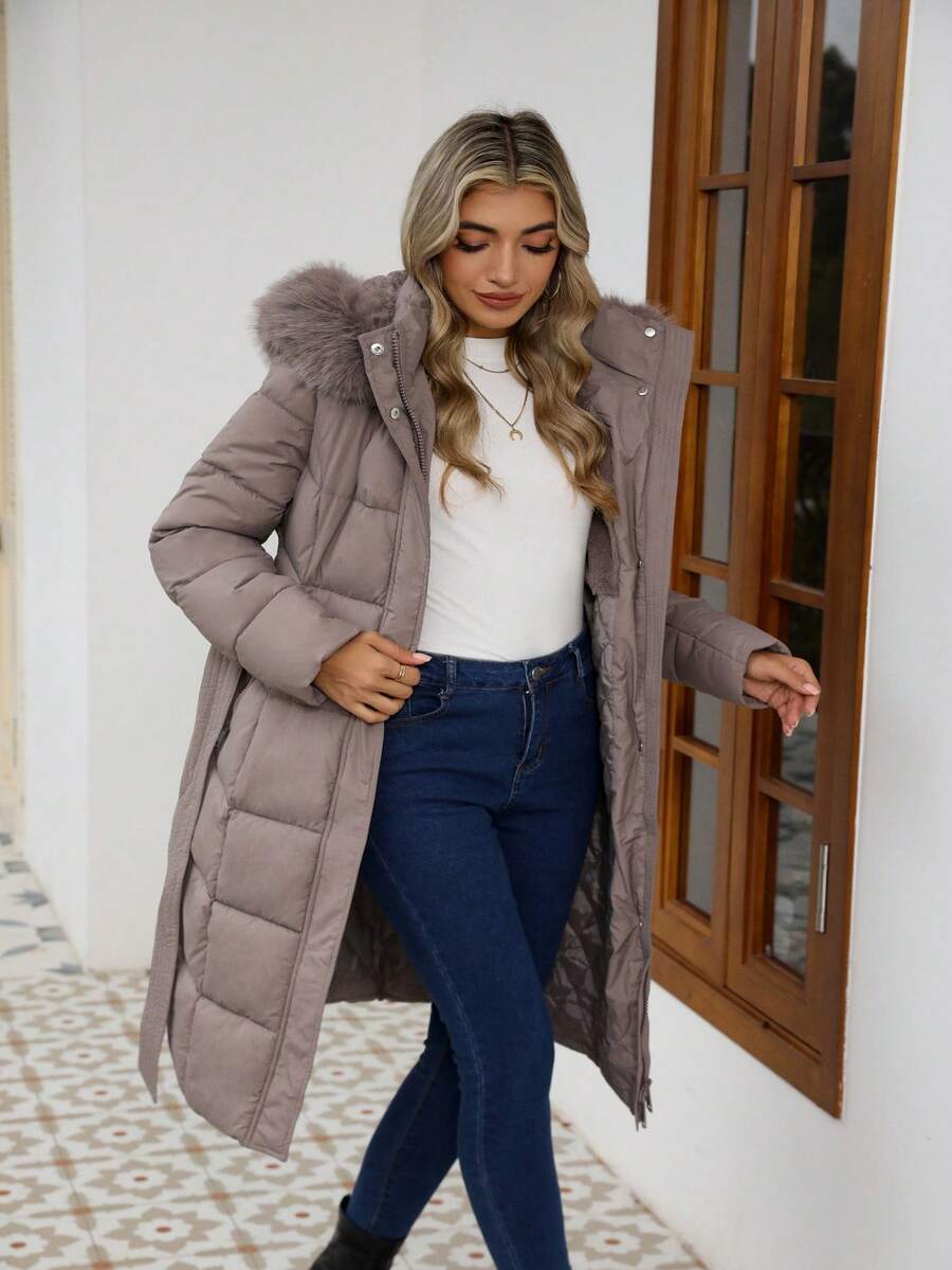 Risissida Women's Casual Hooded Jacket With Pockets, Lightweight Faux Fur Lined Quilted Trench Coat, Fall Daily Wear Winter Coat