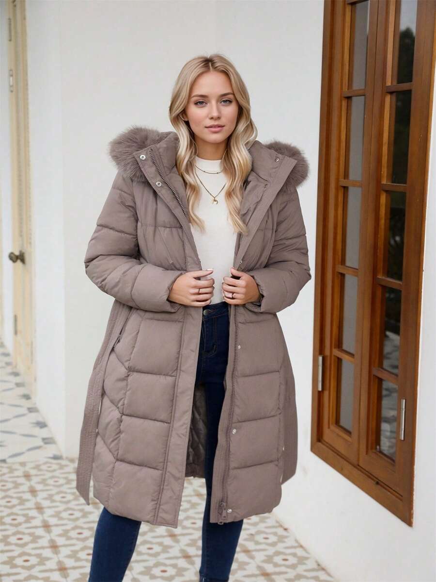 Risissida Women's Casual Hooded Jacket With Pockets, Lightweight Faux Fur Lined Quilted Trench Coat, Fall Daily Wear Winter Coat