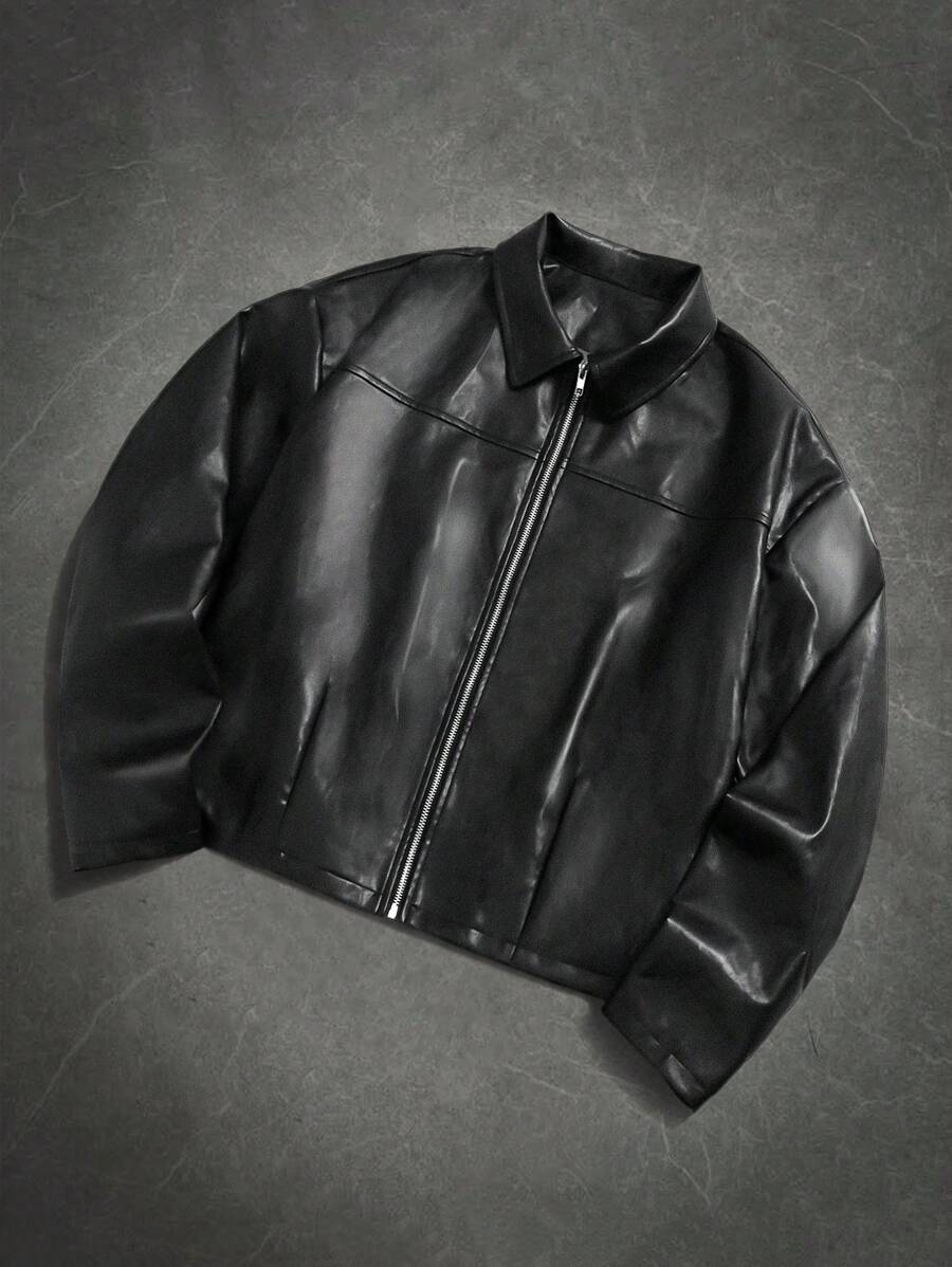 Manfinity LEGND Classic Brown PU Leather Jacket For Men Short Length Wrist-Length Sleeve, Fall/Winter