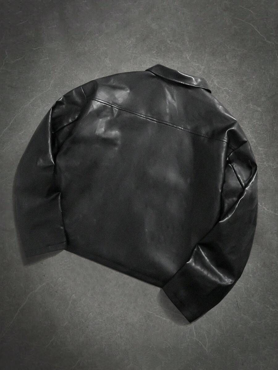 Manfinity LEGND Classic Brown PU Leather Jacket For Men Short Length Wrist-Length Sleeve, Fall/Winter