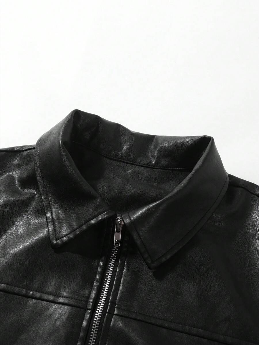 Manfinity LEGND Classic Brown PU Leather Jacket For Men Short Length Wrist-Length Sleeve, Fall/Winter