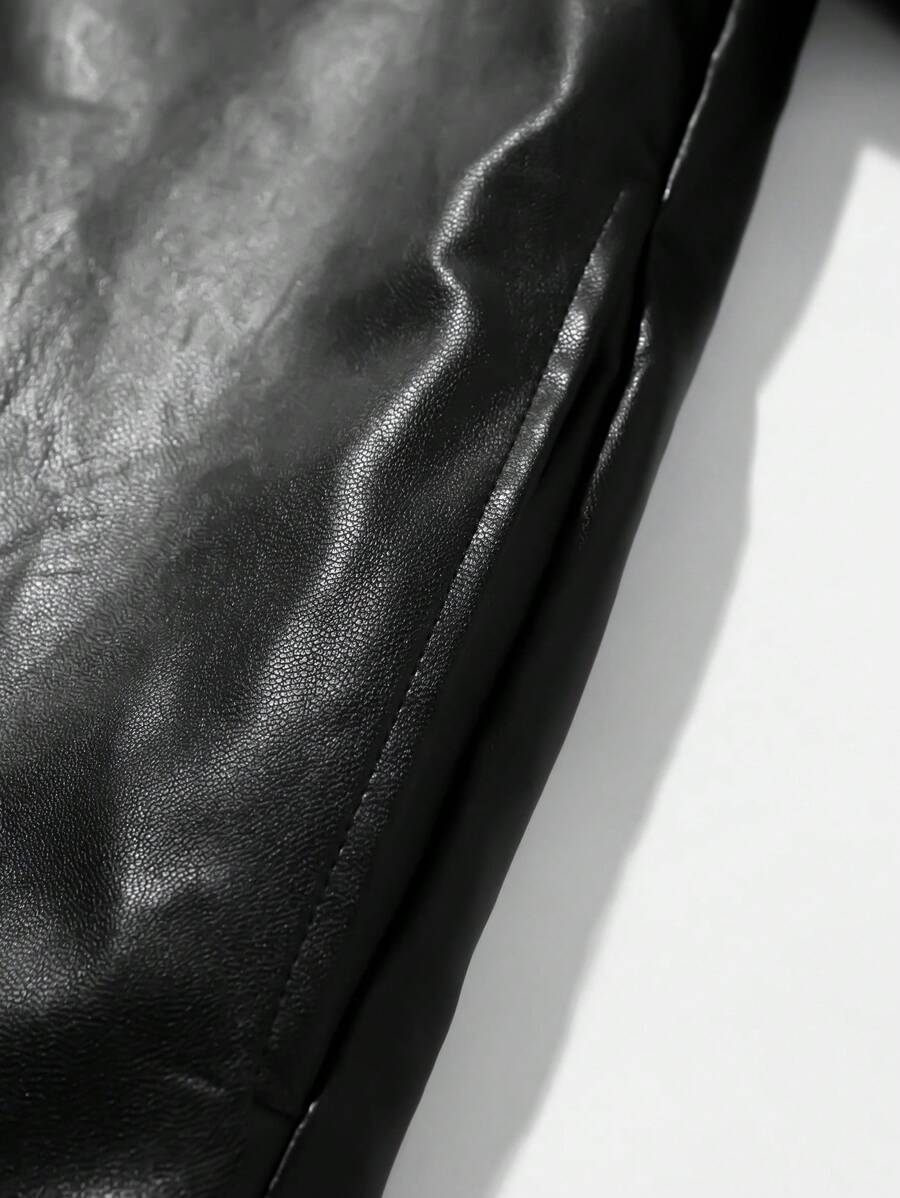 Manfinity LEGND Classic Brown PU Leather Jacket For Men Short Length Wrist-Length Sleeve, Fall/Winter