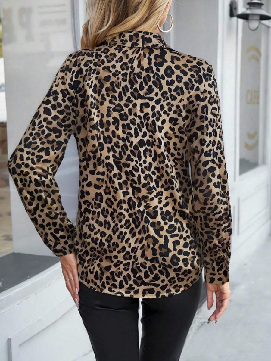 Autumn and Winter Women's Fashion Elegant Temperament Commuter Spring and Autumn Leopard Brown Long Sleeve Fitted Formal Shoulder Shirt