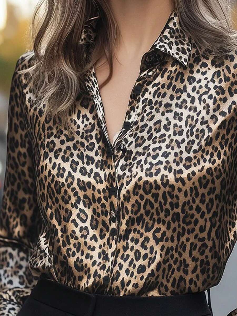 Autumn and Winter Women's Fashion Elegant Temperament Commuter Spring and Autumn Leopard Brown Long Sleeve Fitted Formal Shoulder Shirt
