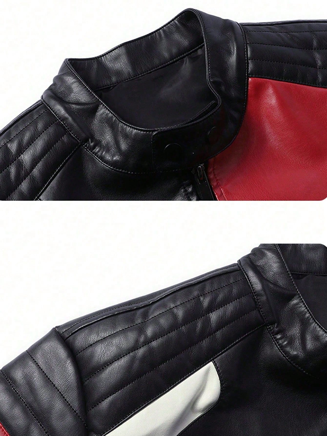 Men's Colorblock Stand Collar PU Leather Jacket, Fashion Biker Motorcycle Jacket, Spring/Autumn