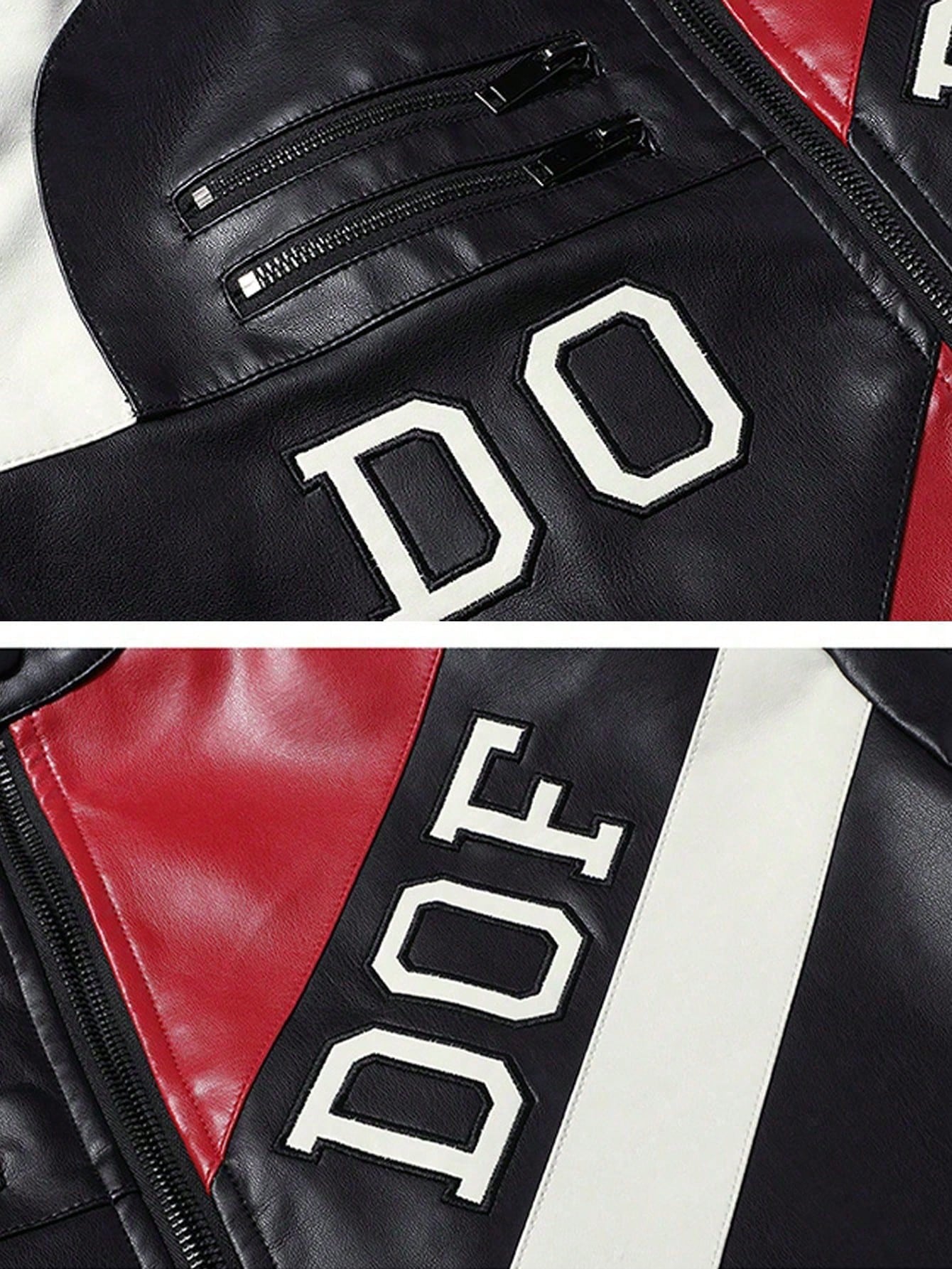 Men's Colorblock Stand Collar PU Leather Jacket, Fashion Biker Motorcycle Jacket, Spring/Autumn