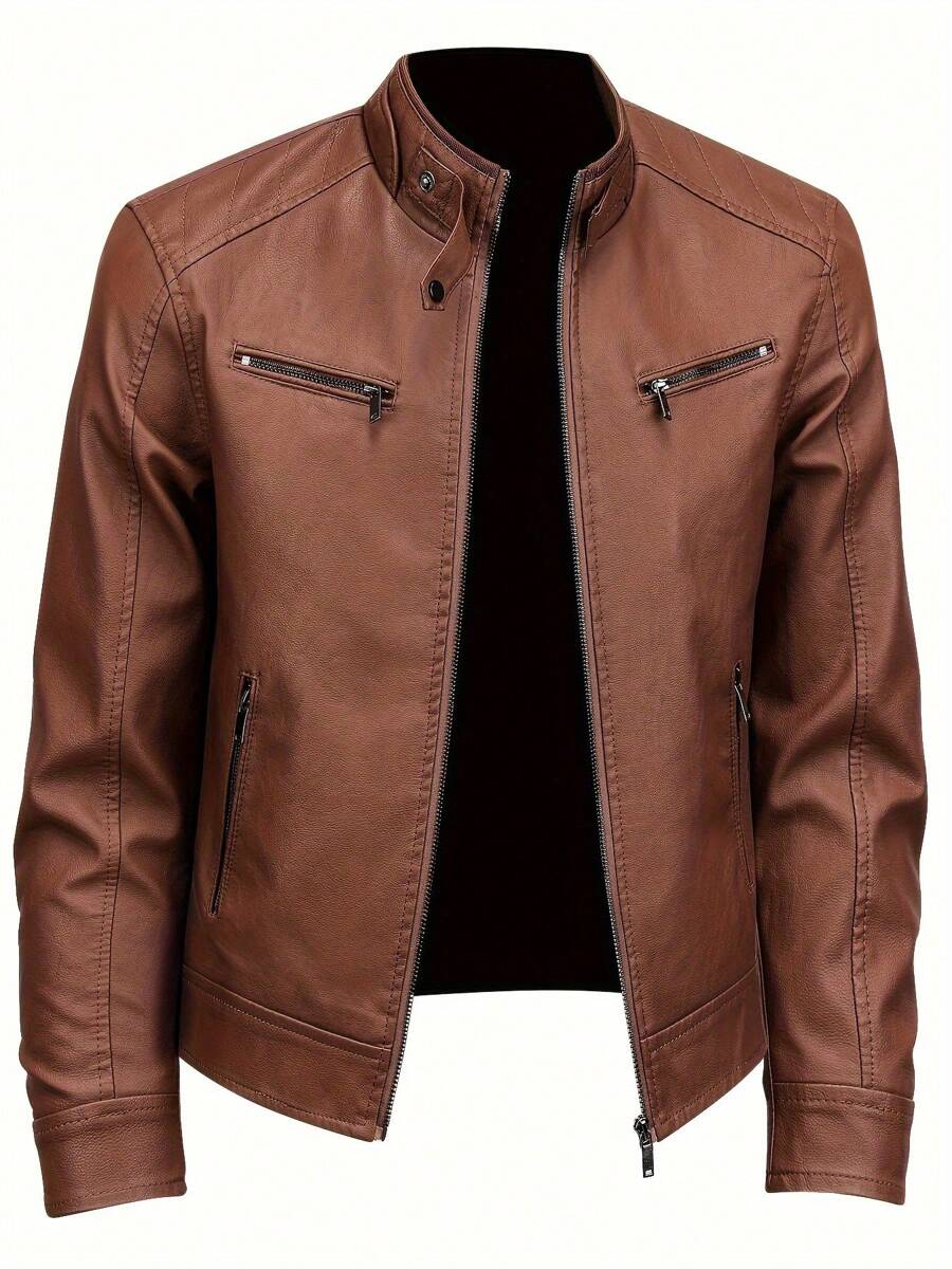 1pc Boyfriend Style Men's Jacket, Spring & Autumn Motorcycle Jacket PU Leather Zipper Coat