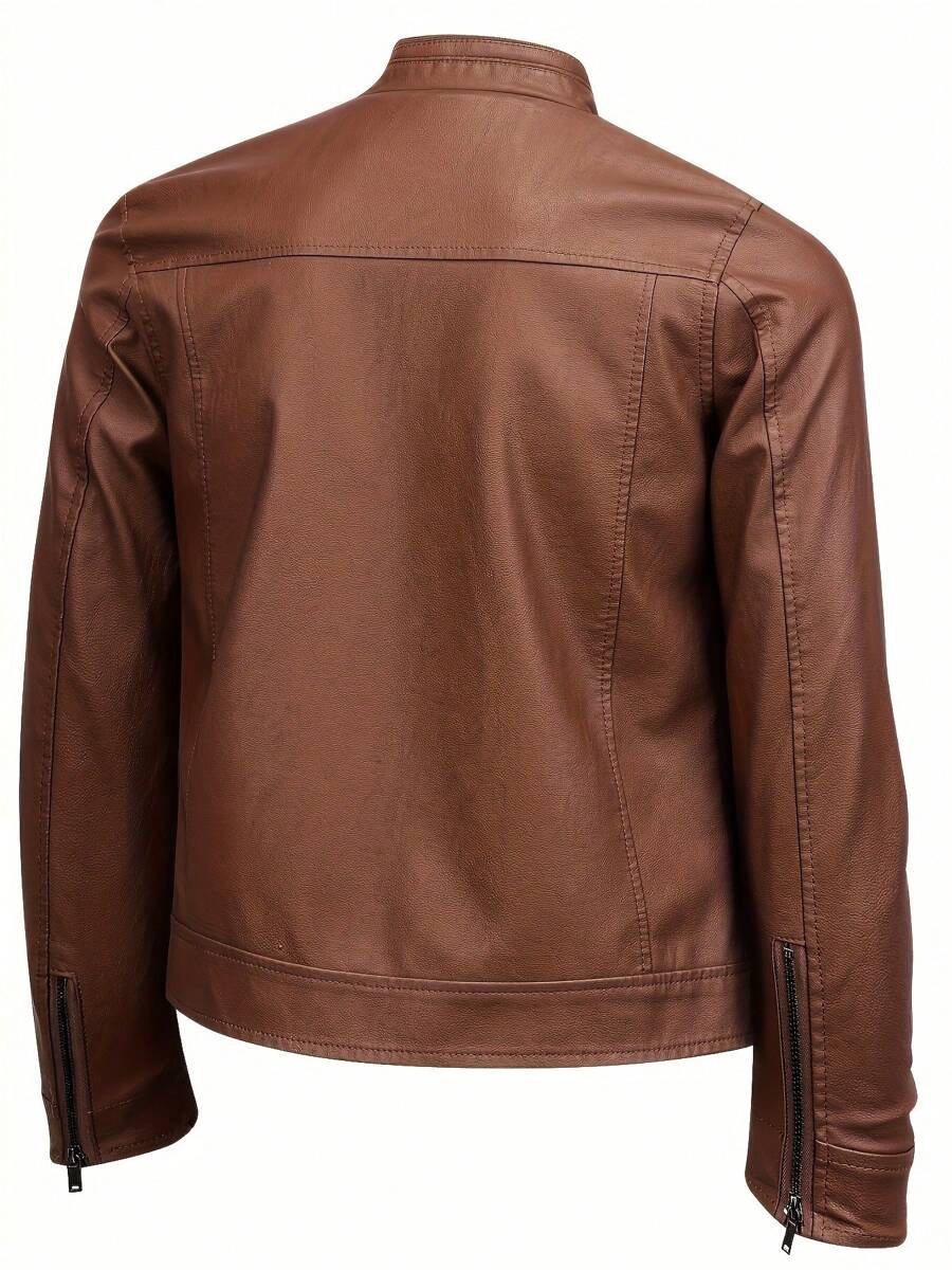 1pc Boyfriend Style Men's Jacket, Spring & Autumn Motorcycle Jacket PU Leather Zipper Coat