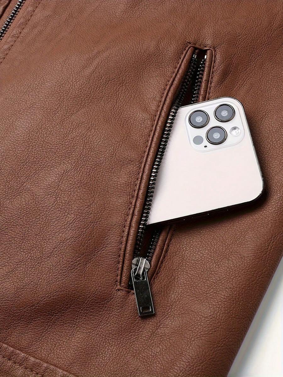 1pc Boyfriend Style Men's Jacket, Spring & Autumn Motorcycle Jacket PU Leather Zipper Coat