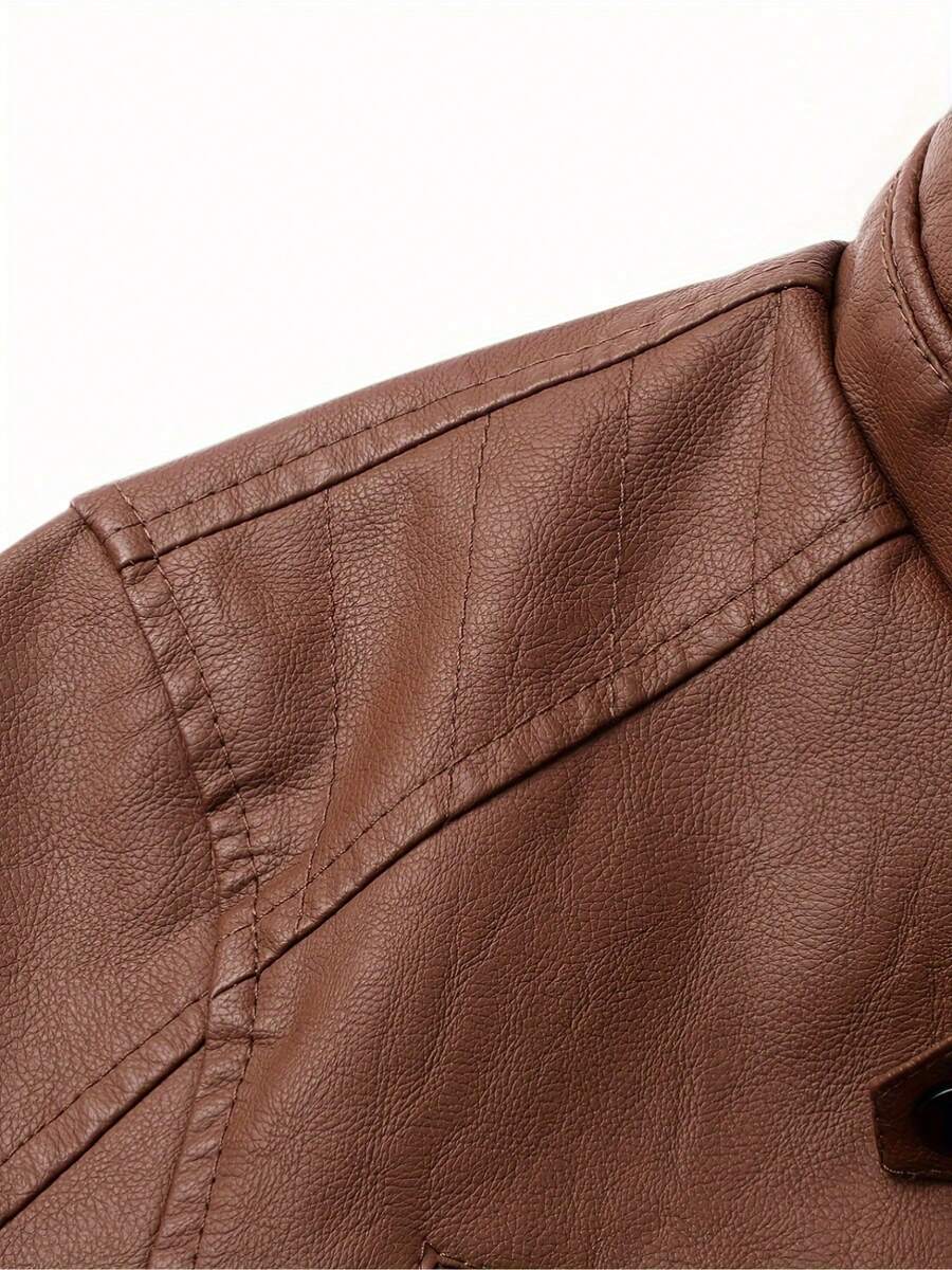 1pc Boyfriend Style Men's Jacket, Spring & Autumn Motorcycle Jacket PU Leather Zipper Coat