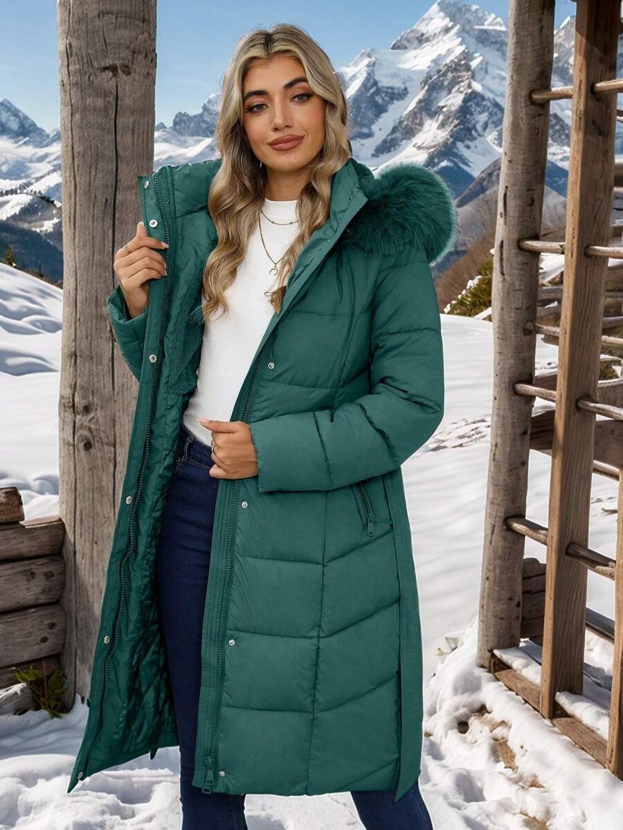 Risissida Women's Casual Hooded Jacket With Pockets, Lightweight Faux Fur Lined Quilted Trench Coat, Fall Daily Wear Winter Coat
