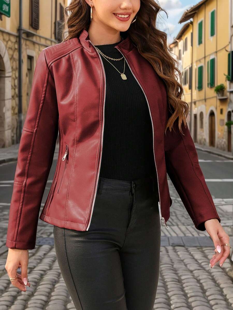 Giolshon Women's Fall/Winter Faux Leather Biker Jacket - Asymmetric Zip, Stand Collar For Edgy Commuting