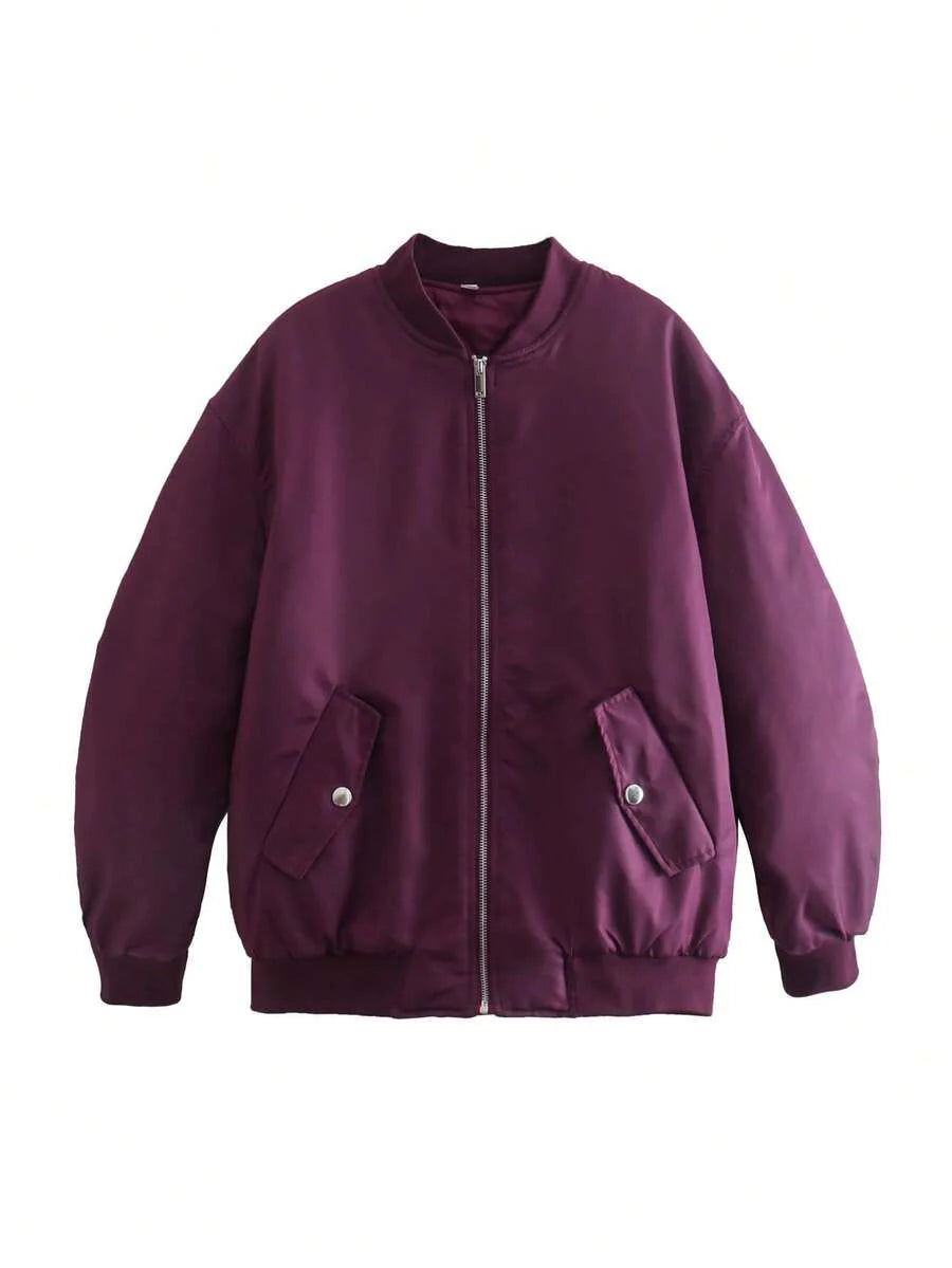 Women's Black Bomber Jacket Front Zip Pockets Long Sleeve Casual Warm Coat For Fall Winter