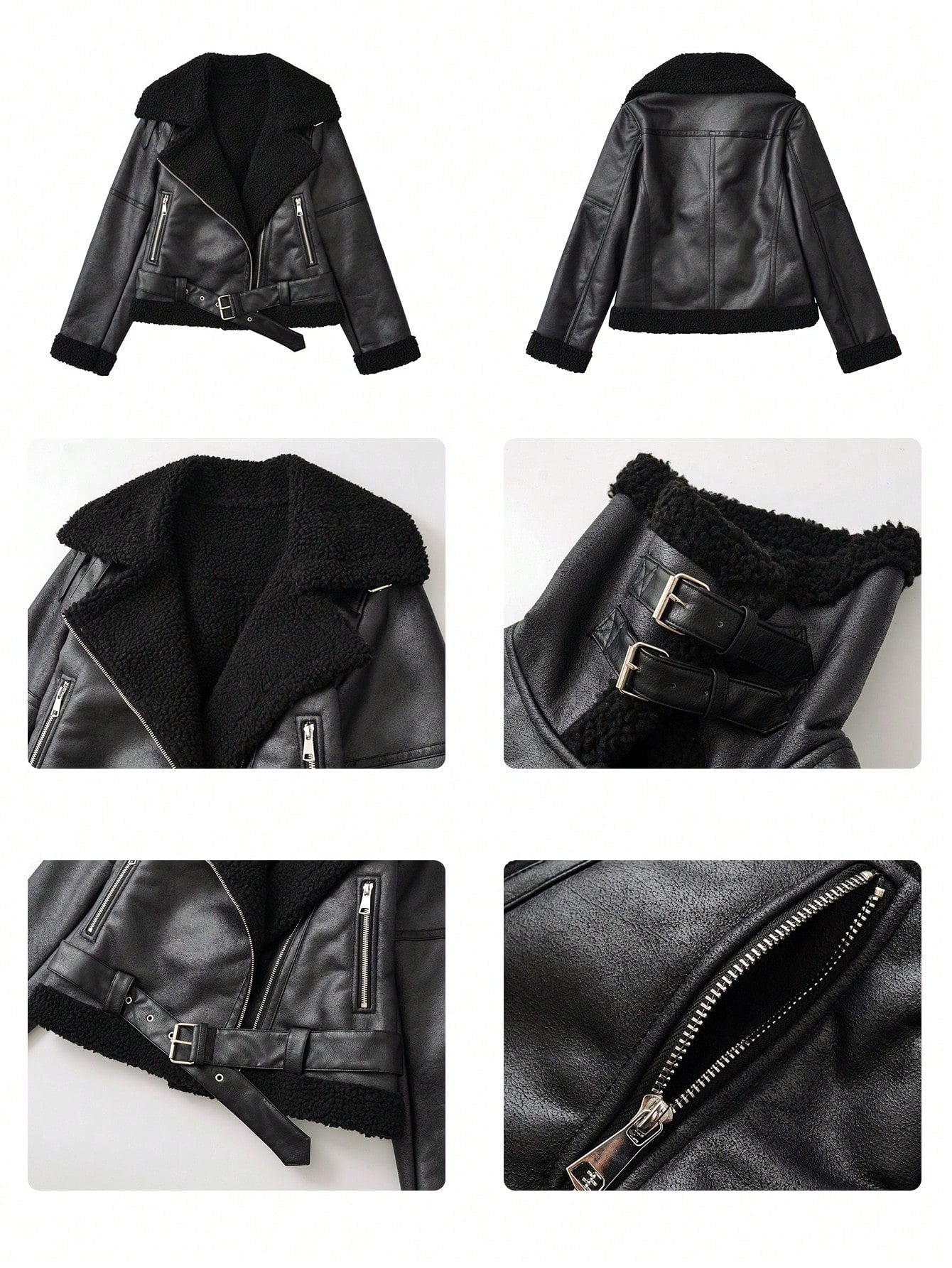 Women's Faux Leather Sherpa Motor Jacket Bomber Aviator Cropped Coat