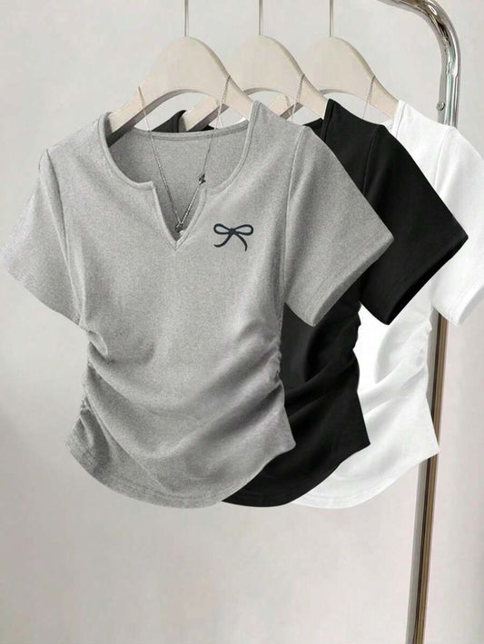 3pcs Women's Casual Slim Fit Bow Detail Printed Simple Pleated Solid Color Crew Neck Short Sleeve T-Shirt Set