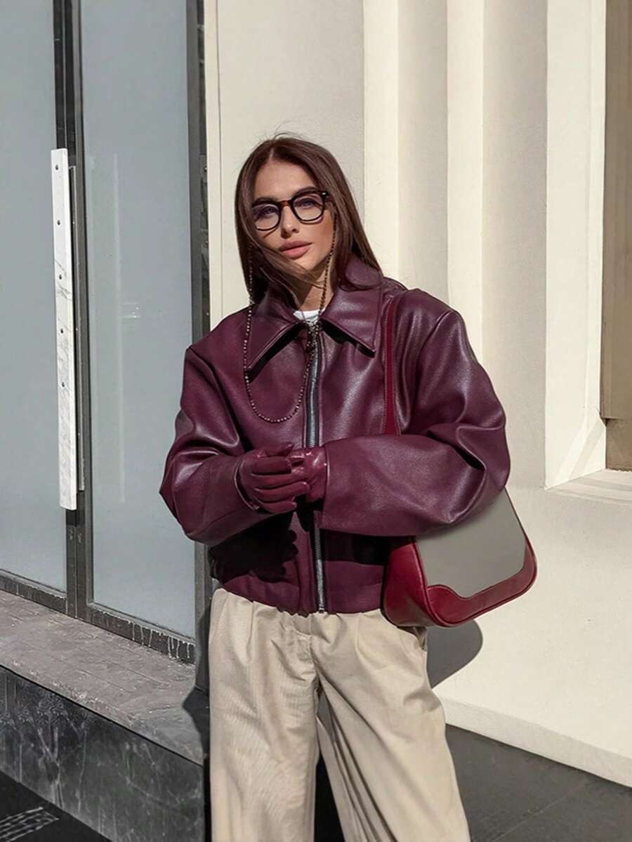 Vintage Casual Motorcycle Style Matte Leather Jacket For Women, Chic European And American Fashion, Zipper Closure, Warm And Windproof, Autumn