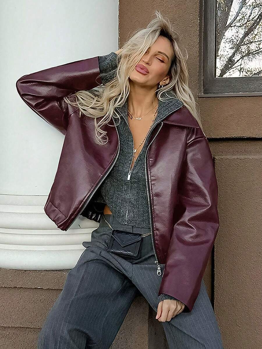 Vintage Casual Motorcycle Style Matte Leather Jacket For Women, Chic European And American Fashion, Zipper Closure, Warm And Windproof, Autumn
