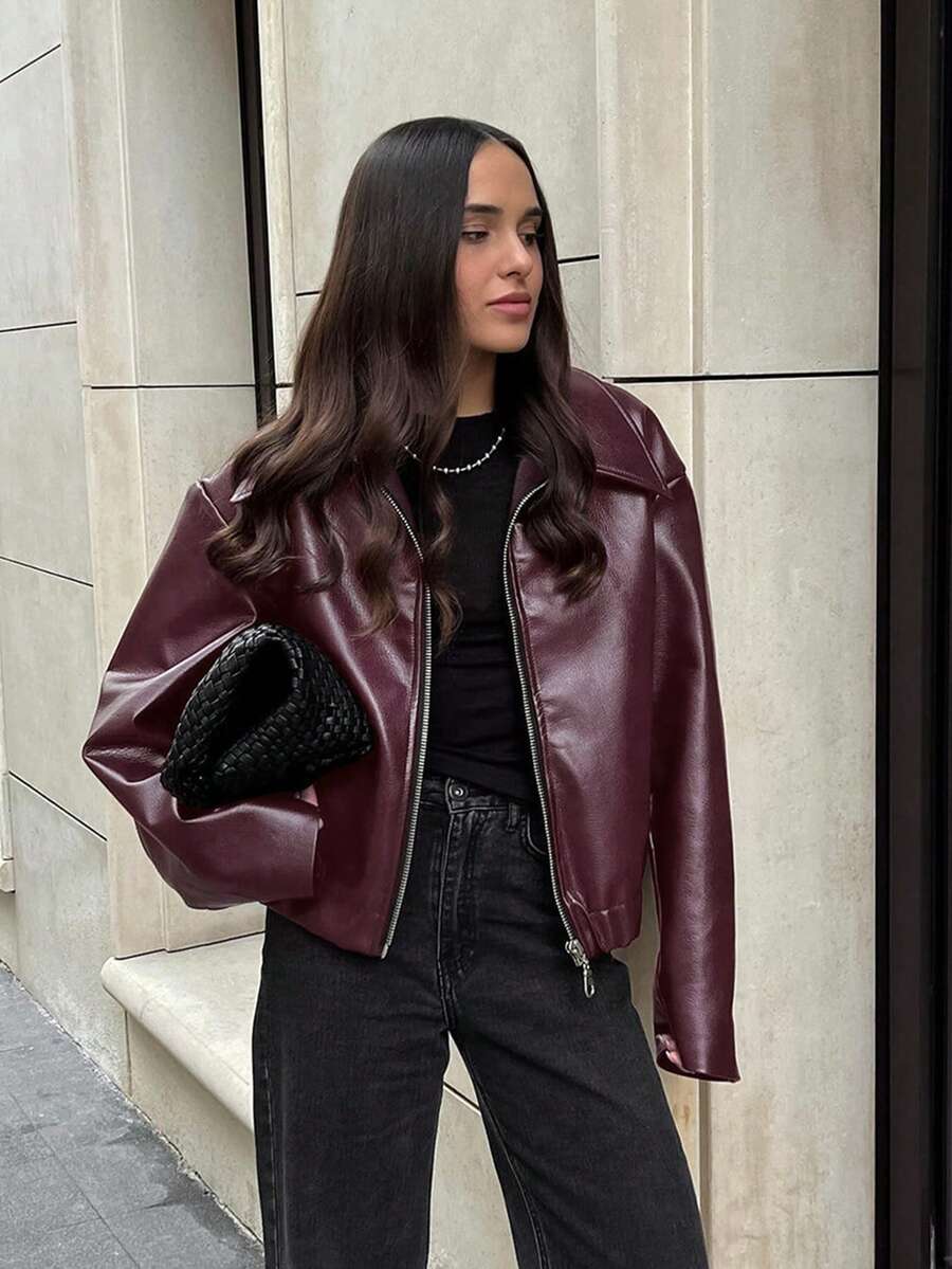Vintage Casual Motorcycle Style Matte Leather Jacket For Women, Chic European And American Fashion, Zipper Closure, Warm And Windproof, Autumn