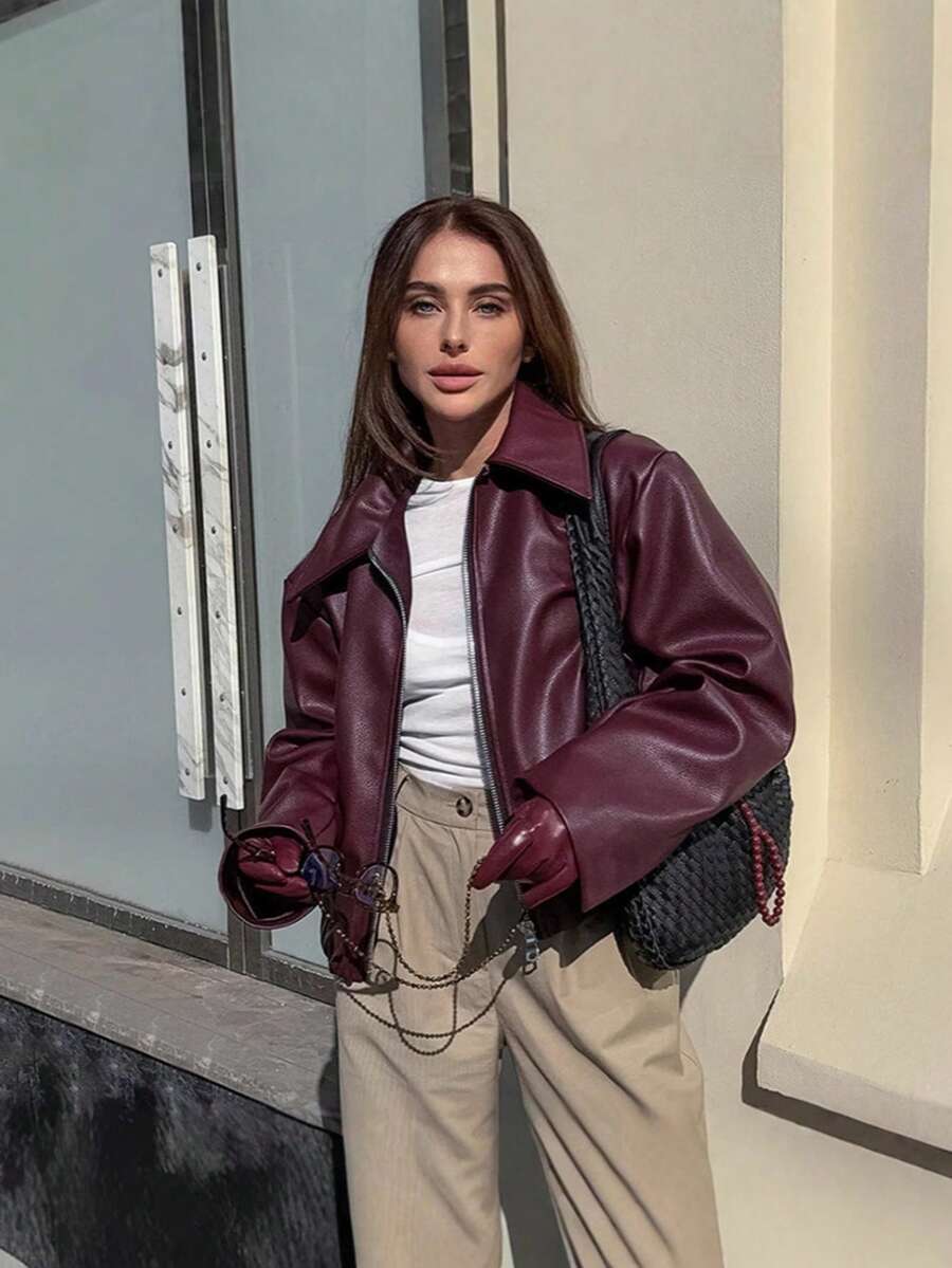 Vintage Casual Motorcycle Style Matte Leather Jacket For Women, Chic European And American Fashion, Zipper Closure, Warm And Windproof, Autumn