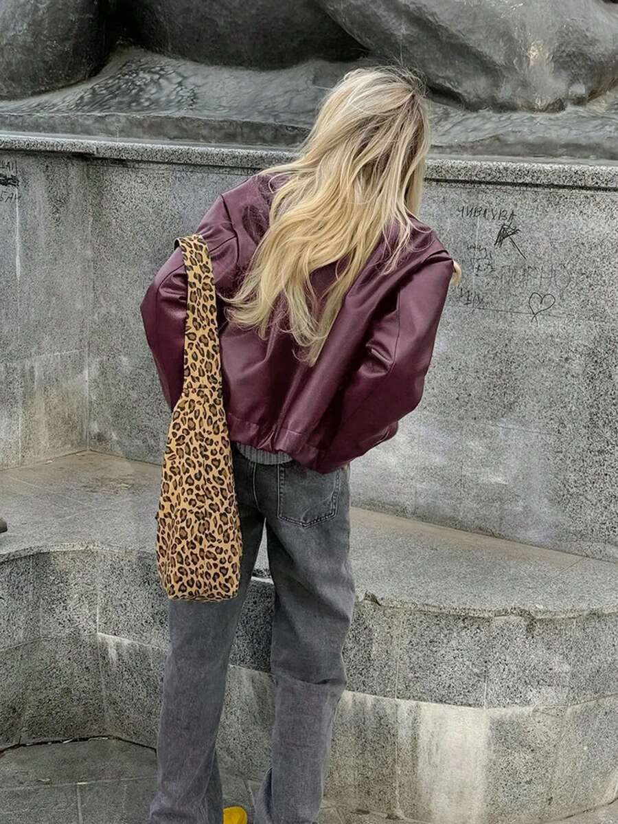 Vintage Casual Motorcycle Style Matte Leather Jacket For Women, Chic European And American Fashion, Zipper Closure, Warm And Windproof, Autumn