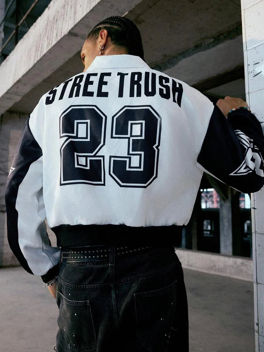 PAVTROS Manfinity Streetrush Men Colorblock Letter Print Short Bomber Jacket, Y2k Zip Up Graphic Street Wear,Hip-Hop Street,Boy Friend Gifts, Fall