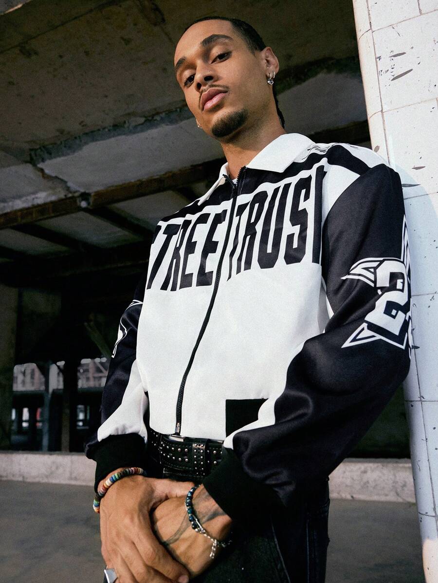 PAVTROS Manfinity Streetrush Men Colorblock Letter Print Short Bomber Jacket, Y2k Zip Up Graphic Street Wear,Hip-Hop Street,Boy Friend Gifts, Fall