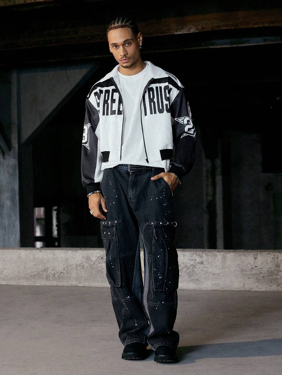 PAVTROS Manfinity Streetrush Men Colorblock Letter Print Short Bomber Jacket, Y2k Zip Up Graphic Street Wear,Hip-Hop Street,Boy Friend Gifts, Fall