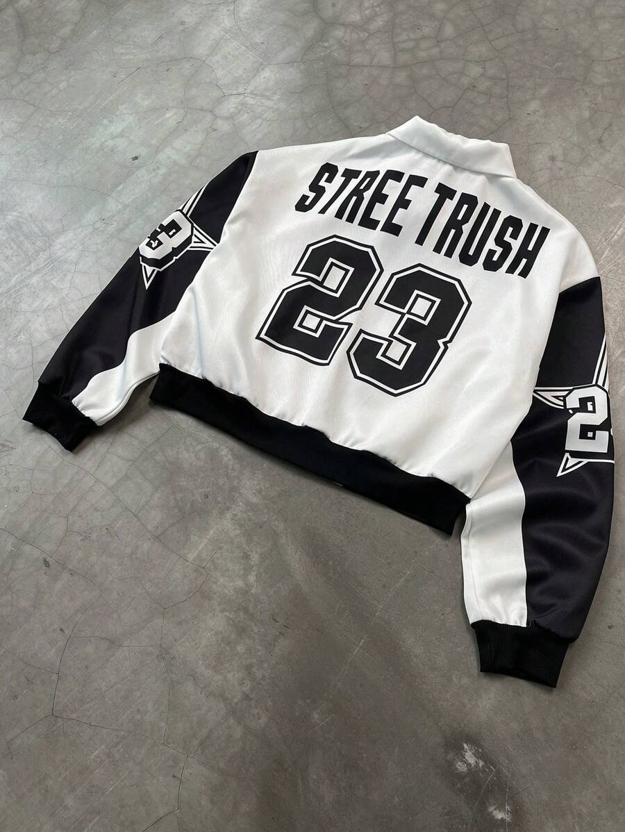 PAVTROS Manfinity Streetrush Men Colorblock Letter Print Short Bomber Jacket, Y2k Zip Up Graphic Street Wear,Hip-Hop Street,Boy Friend Gifts, Fall