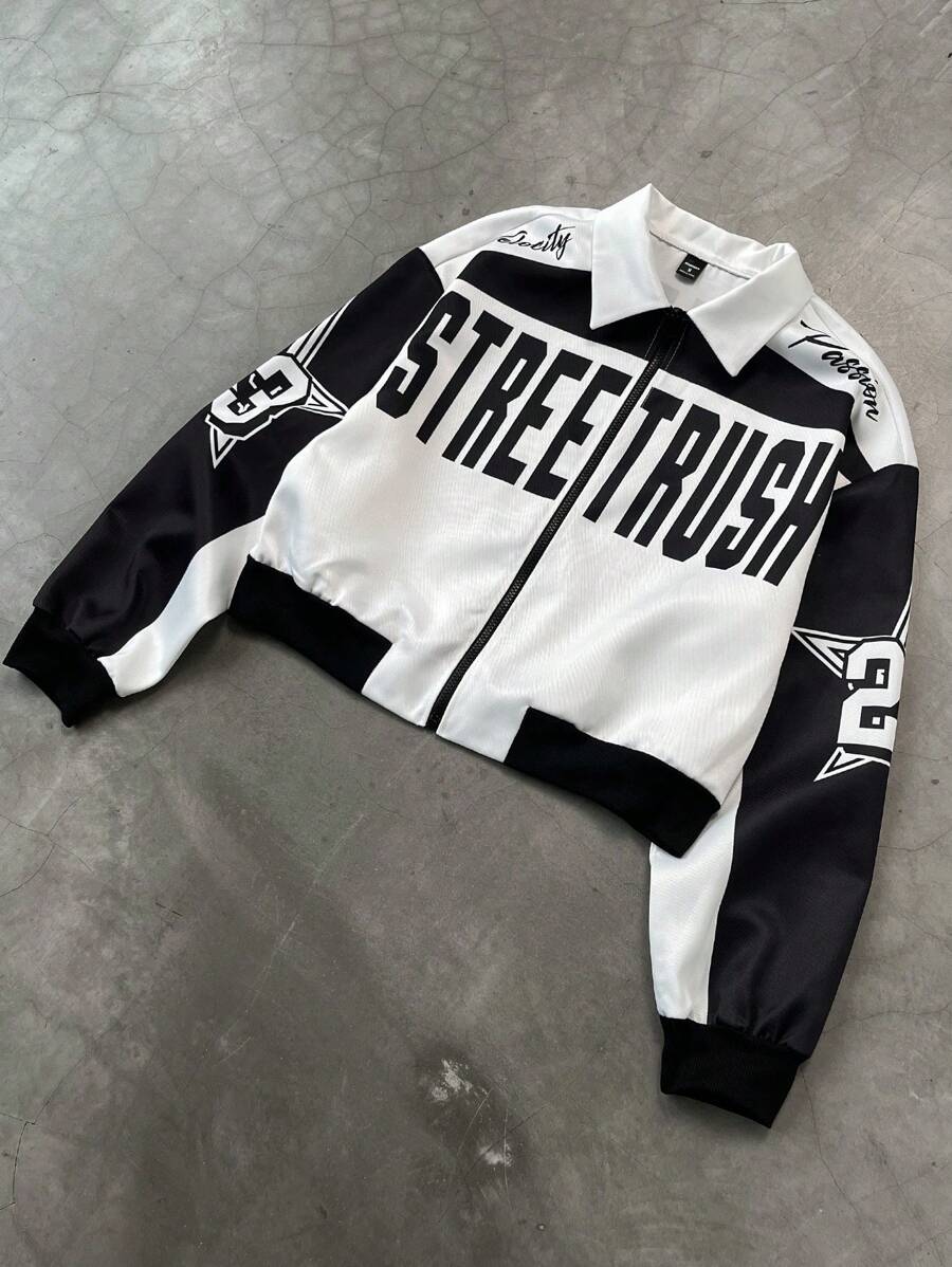 PAVTROS Manfinity Streetrush Men Colorblock Letter Print Short Bomber Jacket, Y2k Zip Up Graphic Street Wear,Hip-Hop Street,Boy Friend Gifts, Fall