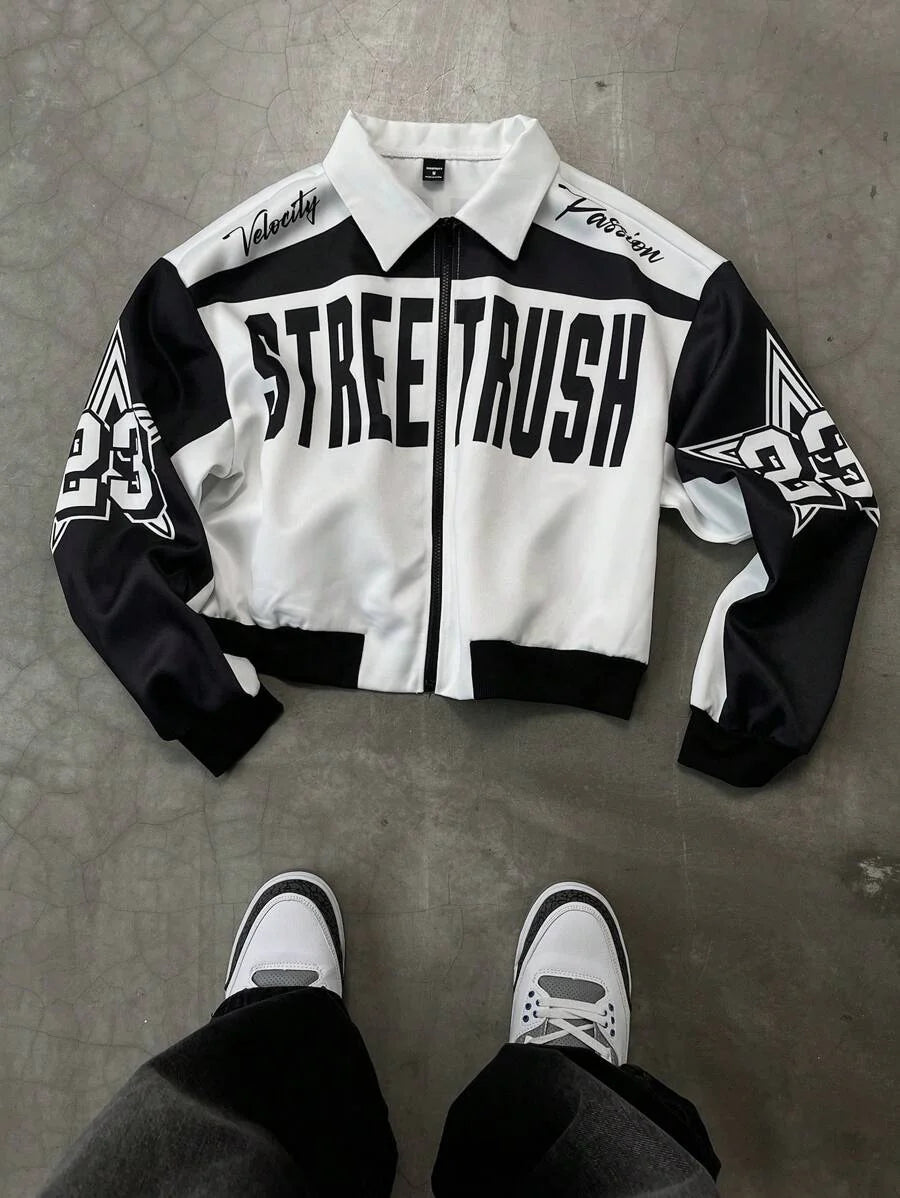 PAVTROS Manfinity Streetrush Men Colorblock Letter Print Short Bomber Jacket, Y2k Zip Up Graphic Street Wear,Hip-Hop Street,Boy Friend Gifts, Fall