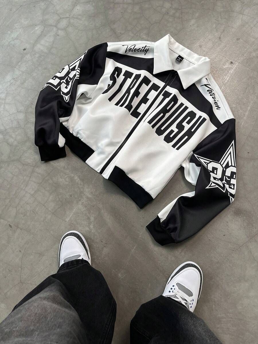 PAVTROS Manfinity Streetrush Men Colorblock Letter Print Short Bomber Jacket, Y2k Zip Up Graphic Street Wear,Hip-Hop Street,Boy Friend Gifts, Fall