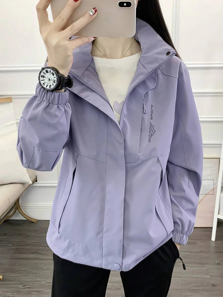 1pc Women Contrast Color Patchwork Windbreaker Jacket, Lightweight Outdoor Sports Running Hiking Coat, Spring/Autumn