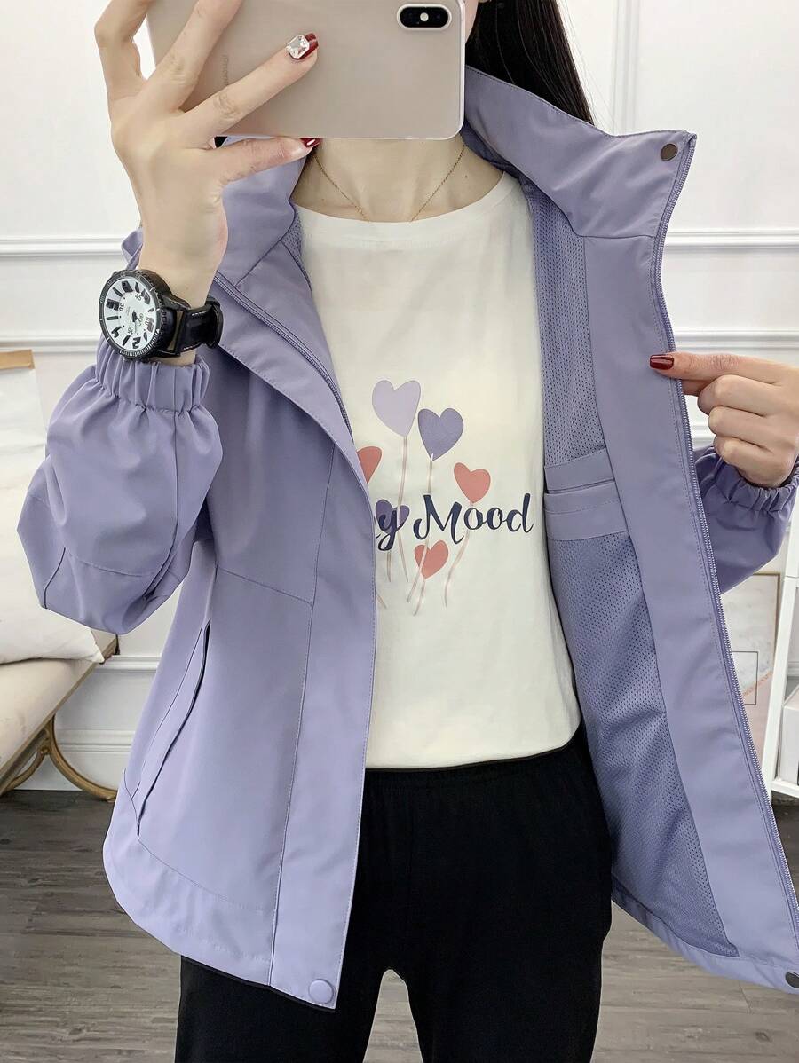 1pc Women Contrast Color Patchwork Windbreaker Jacket, Lightweight Outdoor Sports Running Hiking Coat, Spring/Autumn