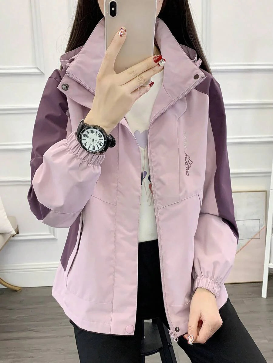 1pc Women Contrast Color Patchwork Windbreaker Jacket, Lightweight Outdoor Sports Running Hiking Coat, Spring/Autumn