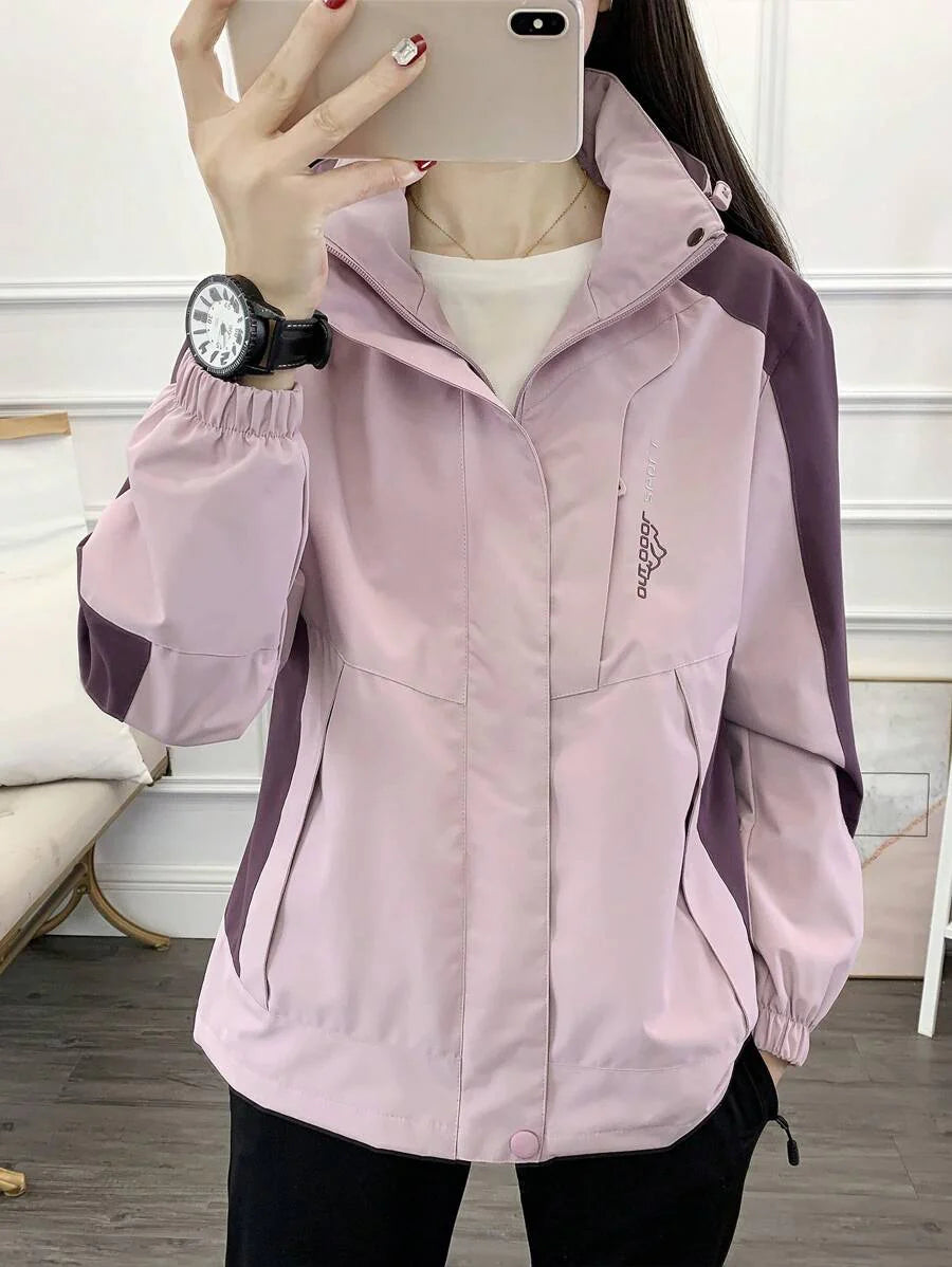 1pc Women Contrast Color Patchwork Windbreaker Jacket, Lightweight Outdoor Sports Running Hiking Coat, Spring/Autumn