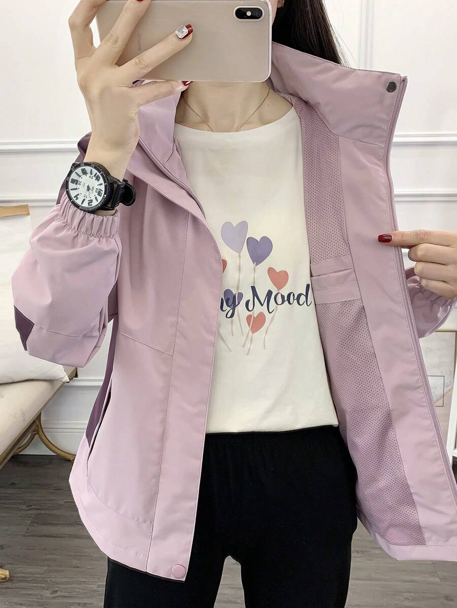 1pc Women Contrast Color Patchwork Windbreaker Jacket, Lightweight Outdoor Sports Running Hiking Coat, Spring/Autumn
