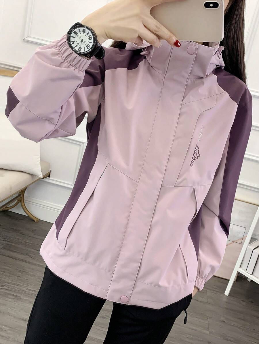 1pc Women Contrast Color Patchwork Windbreaker Jacket, Lightweight Outdoor Sports Running Hiking Coat, Spring/Autumn